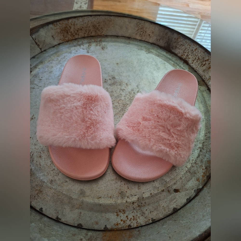 NEW, ANNA Pink Faux Fur Trim   Slides Faux Fur Open Toe Sz 10